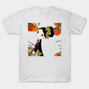 Curious Girl Peeking Behind a Persimmon Tree Branch with Orange Fruits and Green Leaves T-Shirt
